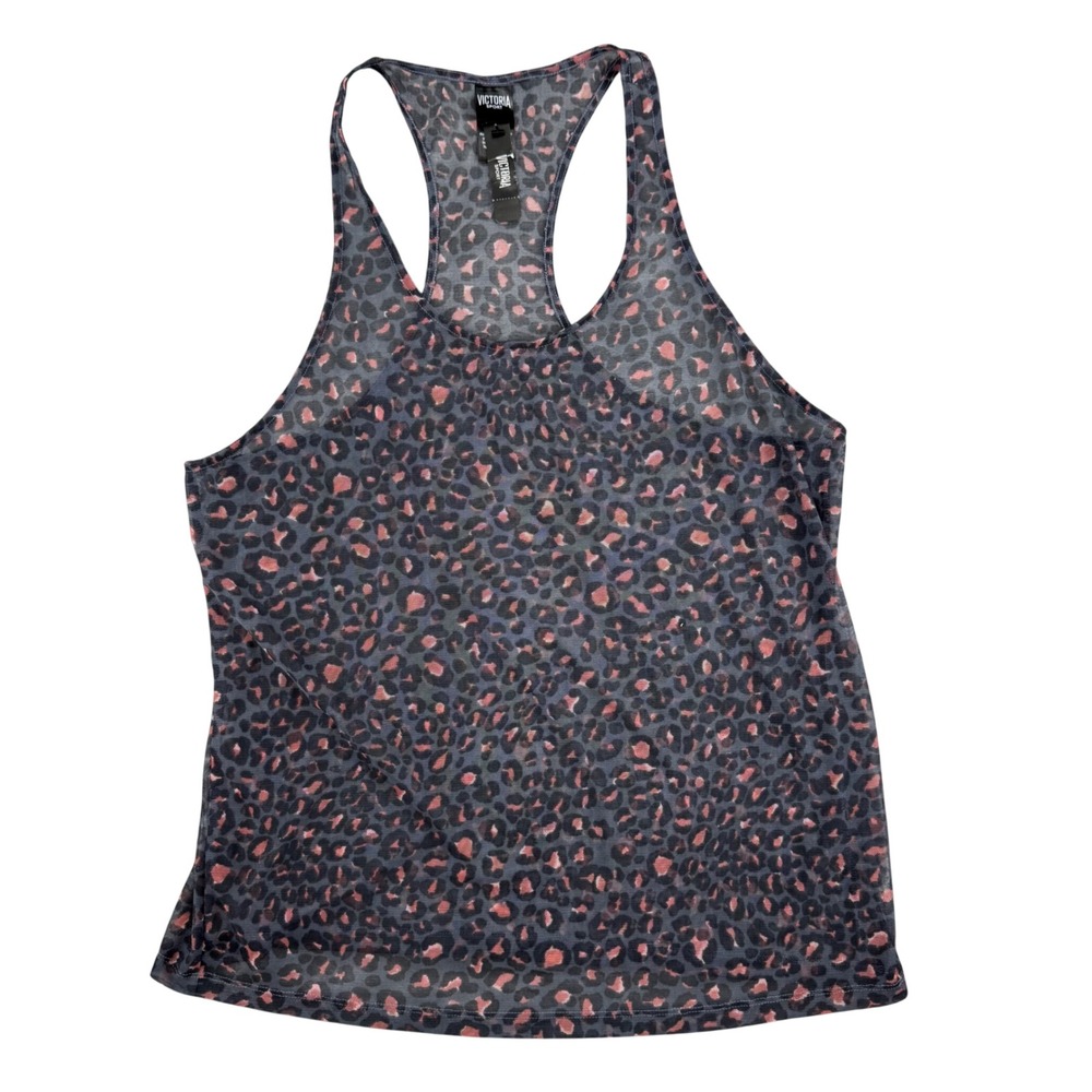 Victoria Sport Womens Mesh Racerback Tank Top Grey Pink Leopard Print Medium NWT
